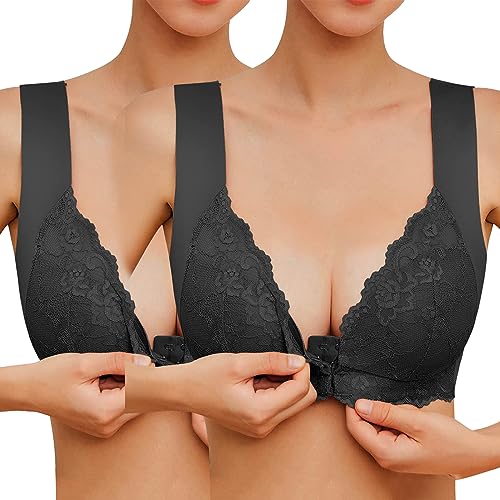 Sfit Damen Soft Spitzen BH ohne Bügel Vorderverschluss Gepolstert Bralette Nahtlose Bustier Push up Weicher Bügelloser Atmungsaktiver Bra Schlafen Yoga(Schwarz+Schwarz,EU XXL/Tag 3XL) von Sfit