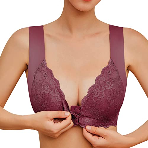 Sfit Damen Soft Spitzen BH ohne Bügel Vorderverschluss Gepolstert Bralette Nahtlose Bustier Push up Weicher Bügelloser Bustier Atmungsaktiver Bra für Schlafen Yoga(Weinrot,EU L/Tag XL) von Sfit