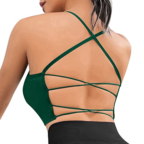 Sfit Damen Sport BH Gepolstert Bustier Crossback ohne Bügel Spaghettiträger Sports Bra Gerippt Push Up Stretch Atmungsaktiv für Yoga Fitness Gym(1 pcs: Dunkelgrün,M) von Sfit