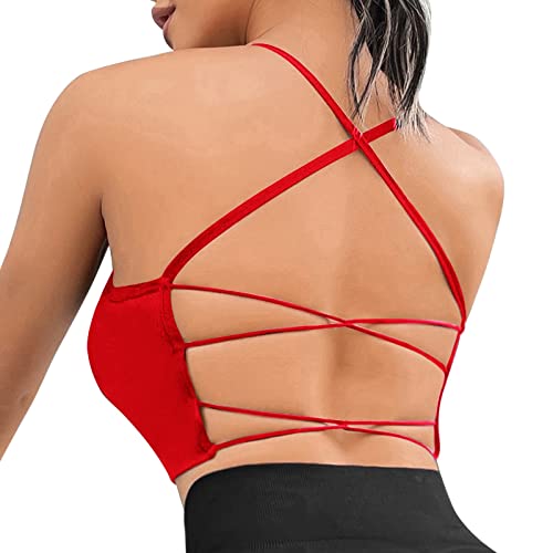 Sfit Damen Sport BH Gepolstert Bustier Crossback ohne Bügel Spaghettiträger Sports Bra Gerippt Push Up Stretch Atmungsaktiv für Yoga Fitness Gym(1 pcs: Rot,M) von Sfit