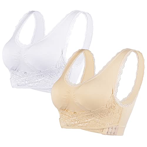 Sfit Damen Sport BH Spitze Bustier Bra Ohne Bügel Front Closure Push Up BH Yoga Bauchfreie Oberteile Bequem Atmungsaktiv Unterwäsche,2PCS Weiß + Hautton,M von Sfit