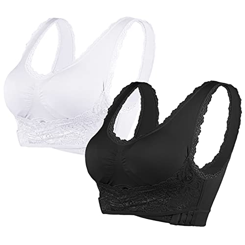 Sfit Damen Sport BH Spitze Bustier Bra Ohne Bügel Front Closure Push Up BH Yoga Bauchfreie Oberteile Bequem Atmungsaktiv Unterwäsche,2PCS Weiß + Schwarz,L von Sfit