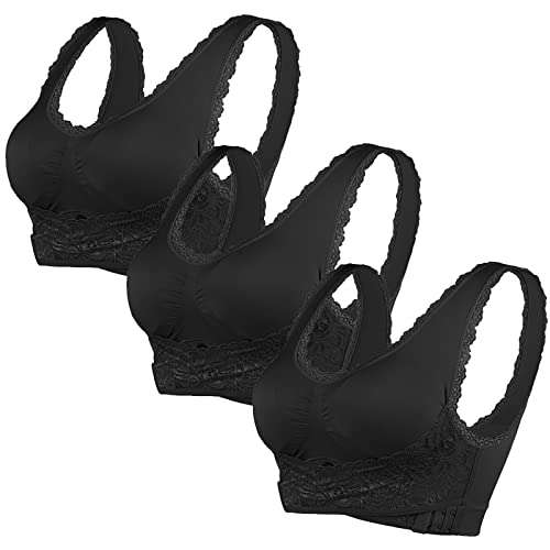 Sfit Damen Sport BH Spitze Bustier Bra Ohne Bügel Front Closure Push Up BH Yoga Bauchfreie Oberteile Bequem Atmungsaktiv Unterwäsche,3PCS Schwarz,M von Sfit