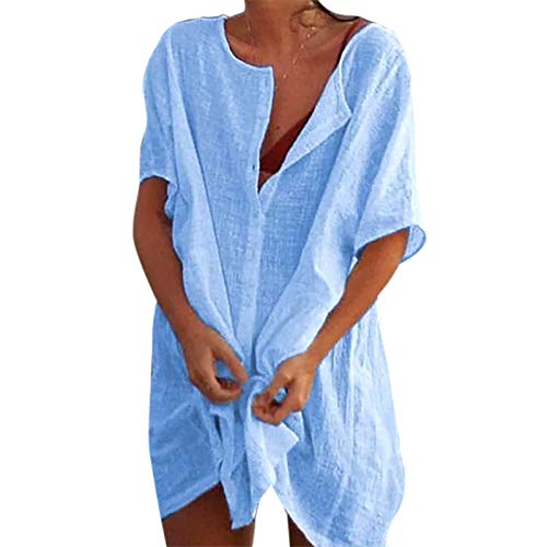 Sfit Damen Strandkleid Bikini Cover Up mit Rund Ausschnitt Knopfleiste Kurzarm Beach Strandponcho Pareos Sommerkleid Locker Bademode Strandtunika Vertuschen Shirt für Urlaub(Blau,EU XXL/Tag 4XL) von Sfit