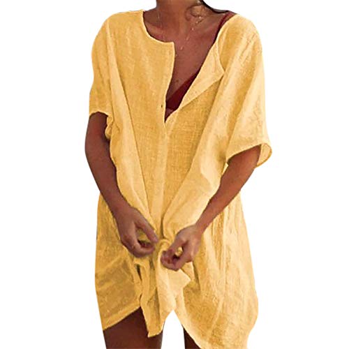 Sfit Damen Strandkleid Bikini Cover Up mit Rund Ausschnitt Knopfleiste Kurzarm Beach Strandponcho Pareos Sommerkleid Locker Bademode Strandtunika Vertuschen Shirt für Urlaub(Gelb,EU M/Tag XL) von Sfit