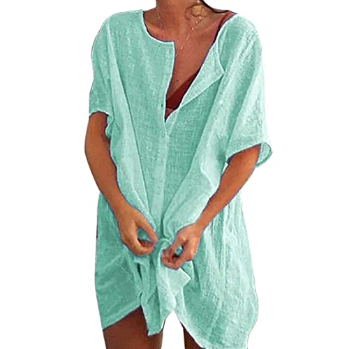 Sfit Damen Strandkleid Bikini Cover Up mit Rund Ausschnitt Knopfleiste Kurzarm Beach Strandponcho Pareos Sommerkleid Locker Bademode Strandtunika Vertuschen Shirt für Urlaub(Hellgrün,EU L/Tag XXL) von Sfit