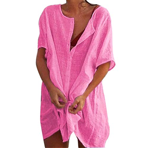 Sfit Damen Strandkleid Bikini Cover Up mit Rund Ausschnitt Knopfleiste Kurzarm Beach Strandponcho Pareos Sommerkleid Locker Bademode Strandtunika Vertuschen Shirt für Urlaub(Rosa,EU 3XL/Tag 5XL) von Sfit