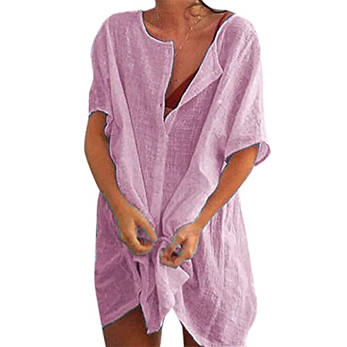 Sfit Damen Strandkleid Bikini Cover Up mit Rund Ausschnitt Knopfleiste Kurzarm Beach Strandponcho Pareos Sommerkleid Locker Bademode Strandtunika Vertuschen Shirt für Urlaub(Violett,EU 3XL/Tag 5XL) von Sfit