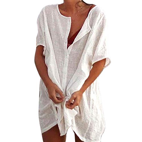 Sfit Damen Strandkleid Bikini Cover Up mit Rund Ausschnitt Knopfleiste Kurzarm Beach Strandponcho Pareos Sommerkleid Locker Bademode Strandtunika Vertuschen Shirt für Urlaub(Weiß,EU 3XL/Tag 5XL) von Sfit