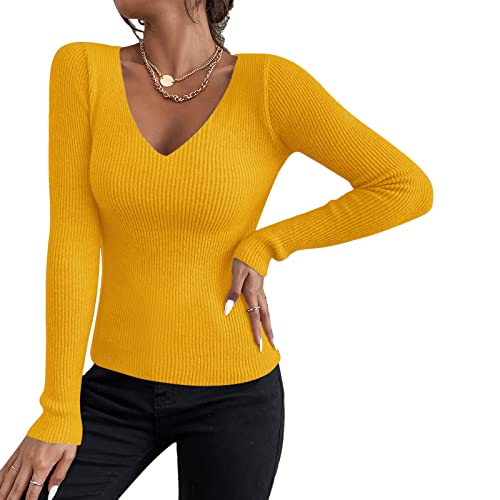 Sfit Damen Strickpullover mit V-Ausschnitt Basic Langarm Strickpulli Stretch Gerippt Pulli Sexy Langarmshirt Slim Fit Sweater Pullover für Herbst Winter (Ingwergelb,One Size) von Sfit