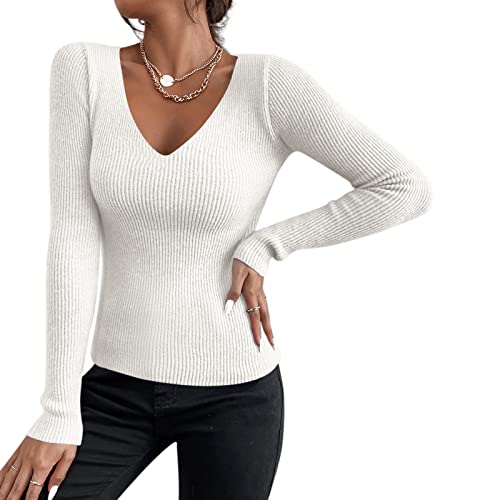 Sfit Damen Strickpullover mit V-Ausschnitt Basic Langarm Strickpulli Stretch Gerippt Pulli Sexy Langarmshirt Slim Fit Sweater Pullover für Herbst Winter (Weiß,One Size) von Sfit