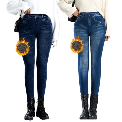 Sfit Damen Thermo Jeggings Treggings Große Größen Jeansoptik Leggings mit Gefütterte Thermoleggins High Waist Stretch Skinny Jeanshosen Strumphose Lange Tights(J01 Blau+J02 Blau,M) von Sfit