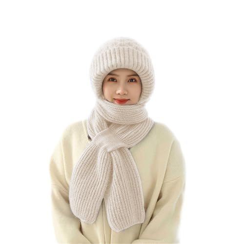 Sfit Integrierter Gehörschutz Winddichte Mütze Schal Damen Verdickter Warmer Einteiliger Hutschal Winter Warm Strickmütze Kapuzenschal,Beige von Sfit