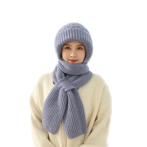 Sfit Integrierter Gehörschutz Winddichte Mütze Schal Damen Verdickter Warmer Einteiliger Hutschal Winter Warm Strickmütze Kapuzenschal,Grau von Sfit