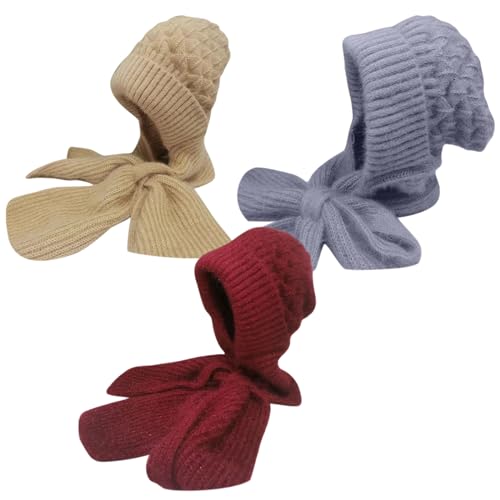 Sfit Integrierter Gehörschutz Winddichte Mütze Schal Damen Verdickter Warmer Einteiliger Hutschal Winter Warm Strickmütze Kapuzenschal,Weinrot + Khaki + Grau von Sfit