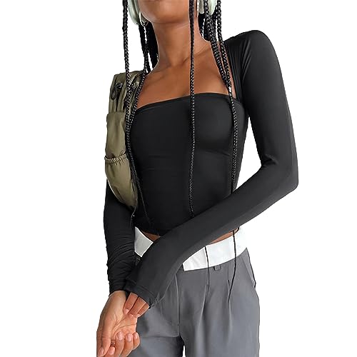 Sfit Langarmshirt Damen Y2K Enge Oberteile Slim Fit Longshirt Quadratischer Ausschnitt Crop Top Langarm Sexy Longsleeve Shirt Athletisch Teenager Streetwear(Quadratisch Schwarz,L) von Sfit