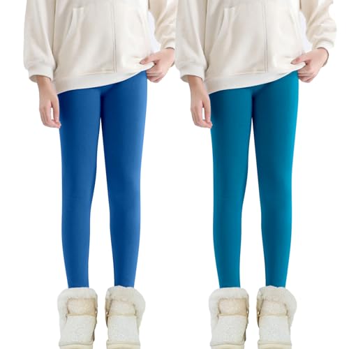 Sfit Mädchen Thermoleggings Gefütterte Leggings mit Fleece Warme Winter Leggings Baumwolle Blickdicht Winterleggings 2er-Pack Hohe Taille Leggins,Burgunderblau + Seeblau,8-12 Jahre von Sfit