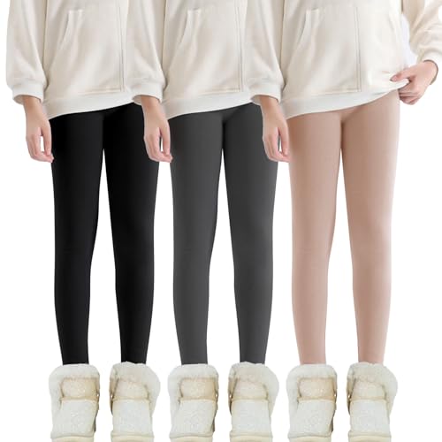 Sfit Mädchen Thermoleggings Gefütterte Leggings mit Fleece Warme Winter Leggings Baumwolle Blickdicht Winterleggings 2er-Pack Hohe Taille Leggins,Grau + Schwarz + Farbe,8-12 Jahre von Sfit