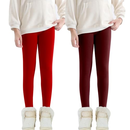 Sfit Mädchen Thermoleggings Gefütterte Leggings mit Fleece Warme Winter Leggings Baumwolle Blickdicht Winterleggings 2er-Pack Hohe Taille Leggins,Weinrot + Rot,8-12 Jahre von Sfit