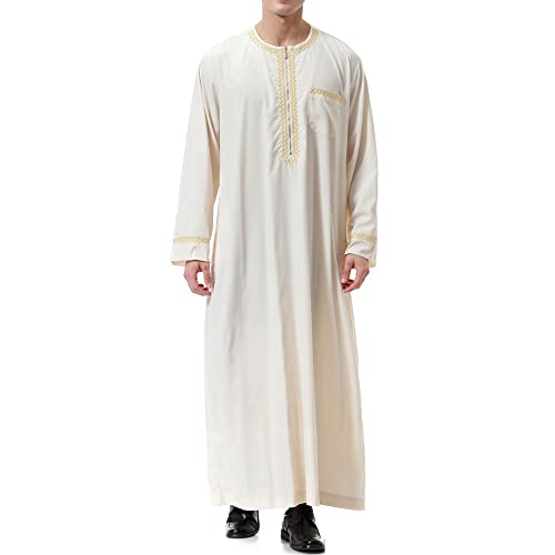 Sfit Muslim Kleidung Herren Arab Robe Kaftan Lang Arabisch Islamisch Dubai Gewand O-Ausschnitt Lange Ärmel Lose Gebetskleidung mit Taschen Zip(Beige,L) von Sfit