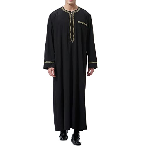 Sfit Muslim Kleidung Herren Arab Robe Kaftan Lang Arabisch Islamisch Dubai Gewand O-Ausschnitt Lange Ärmel Lose Gebetskleidung mit Taschen Zip(Schwarz,M) von Sfit