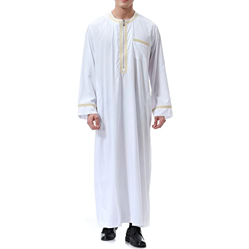 Sfit Muslim Kleidung Herren Arab Robe Kaftan Lang Arabisch Islamisch Dubai Gewand O-Ausschnitt Lange Ärmel Lose Gebetskleidung mit Taschen Zip(Weiß,S) von Sfit