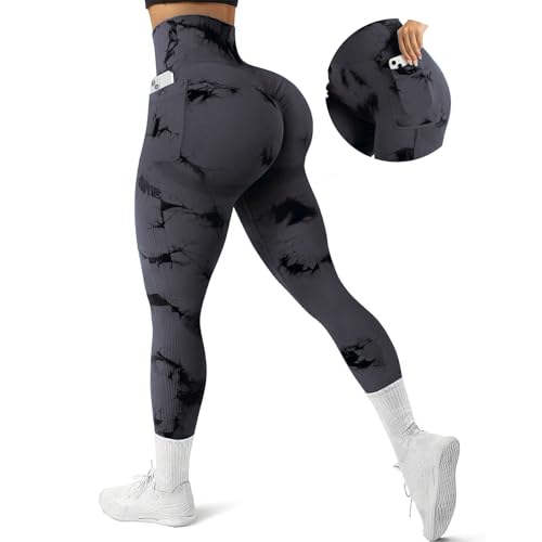Sfit Scrunch Leggings mit Taschen Damen Sport Leggings Push Up Po Sportleggins Lang High Waist Nahtlose Yogahose Gym Sporthose Fitness Bauchweg Booty Lifting(Tie Dye Dunkelgrau,S) von Sfit