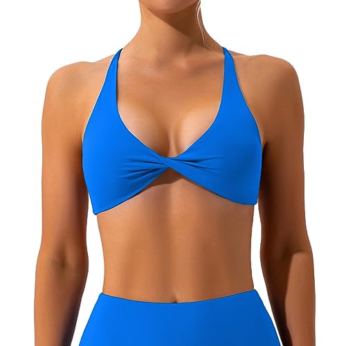 Sfit Sport BH Rückenfrei Damen Cross Back Bustier Gepolstert Ohne Bügel Spaghettiträger Twist V Ausschnitt Vorne Push up BH Sport Bra Crop Top für Yoga Fitness(Knallblau,L) von Sfit