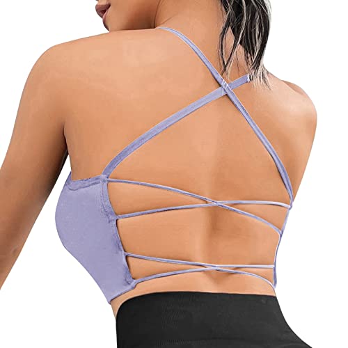 Sfit Sport BH Damen Gepolstert Crossback Bustier Ohne Bügel Spaghettiträger Fitness BH Push Up Stretch Longline Sports Bra Top für Yoga Gym(1pc - Blau,M) von Sfit