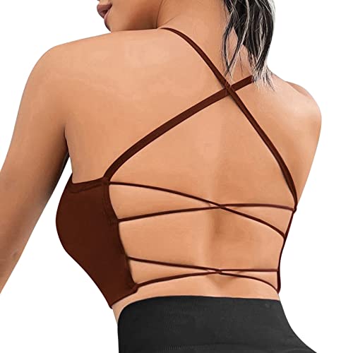 Sfit Sport BH Damen Gepolstert Crossback Bustier Ohne Bügel Spaghettiträger Fitness BH Push Up Stretch Longline Sports Bra Top für Yoga Gym(1pc- Braun,S) von Sfit