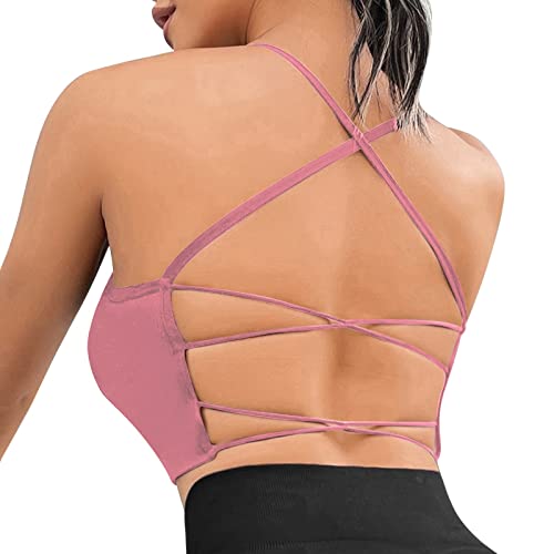 Sfit Sport BH Damen Gepolstert Crossback Bustier Ohne Bügel Spaghettiträger Fitness BH Push Up Stretch Longline Sports Bra Top für Yoga Gym(1pc - Rosa,M) von Sfit