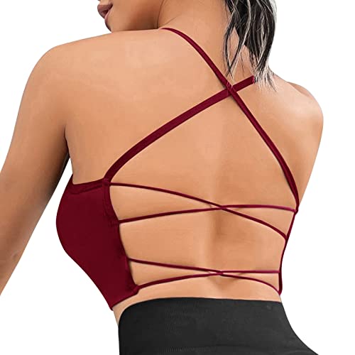 Sfit Sport BH Damen Gepolstert Crossback Bustier Ohne Bügel Spaghettiträger Fitness BH Push Up Stretch Longline Sports Bra Top für Yoga Gym(1pc - Weinrot,M) von Sfit