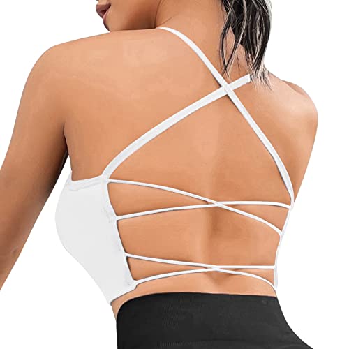 Sfit Sport BH Damen Gepolstert Crossback Bustier Ohne Bügel Spaghettiträger Fitness BH Push Up Stretch Longline Sports Bra Top für Yoga Gym(1pc - Weiß,S) von Sfit