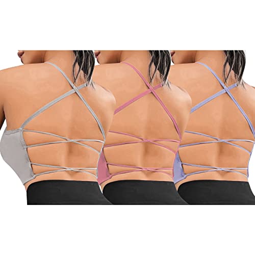 Sfit Sport BH Damen Gepolstert Crossback Bustier Ohne Bügel Spaghettiträger Fitness BH Push Up Stretch Longline Sports Bra Top für Yoga Gym(3pc - Grau + Rosa + Blau,M) von Sfit