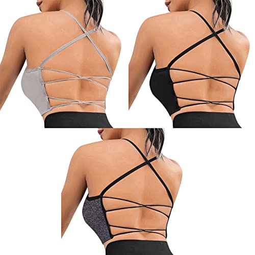 Sfit Sport BH Damen Gepolstert Crossback Bustier Ohne Bügel Spaghettiträger Fitness BH Push Up Stretch Longline Sports Bra Top für Yoga Gym(3pc - Schwarz + Grau + Dunkelgrau,S) von Sfit