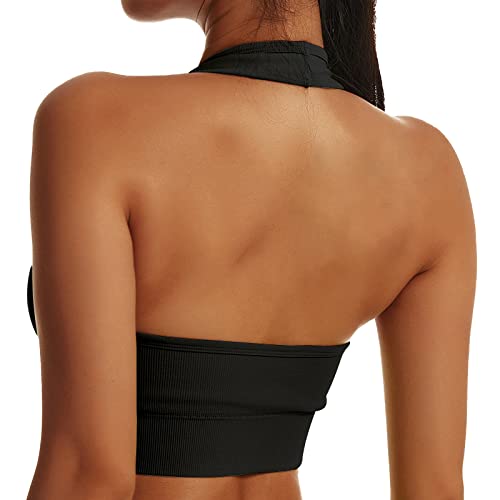 Sfit Sport BH Damen Neckholder Gepolstert Rückenfrei BH Ohne Bügel Push up Backless Sport Bra Nahtloser Longline Bustier Crop Top für Yoga Fitness(1pc-Schwarz,S) von Sfit