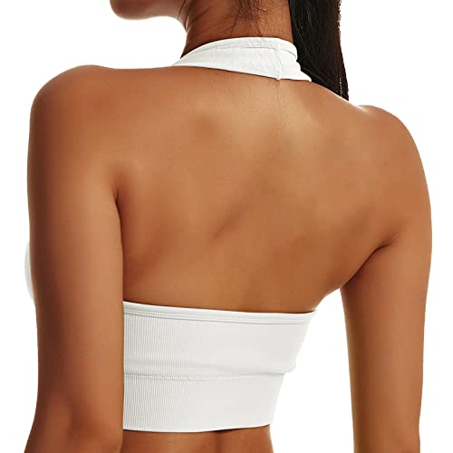 Sfit Sport BH Damen Neckholder Gepolstert Rückenfrei BH Ohne Bügel Push up Backless Sport Bra Nahtloser Longline Bustier Crop Top für Yoga Fitness(1pc-Weiß,L) von Sfit