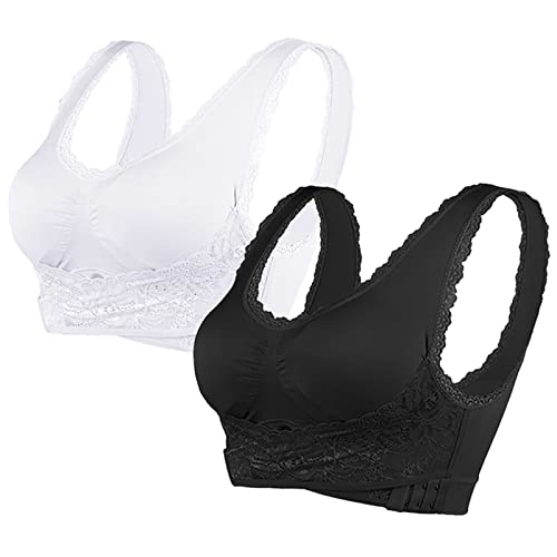 Sfit Sport BH Damen Spitzen Vorderverschluss Ohne Bügel Gepolstert Bralette Nahtlose Leicht Yoga Bustier Push up Bügelloser Soft Sport Bra für Schlafen Fitness(2pc-Schwarz+Weiß,L) von Sfit