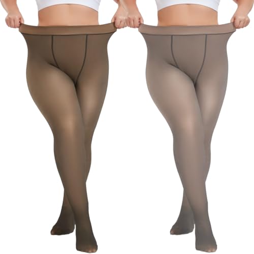 Sfit Thermo Strumpfhosen Damen Große Größen Winter Thermostrumpfhose Gefütterte Strumpfhose Warme Fleece Pantyhose Plus Size Gefälschte Durchsichtige 2pc: Grau + Kaffee,XXL,220G von Sfit