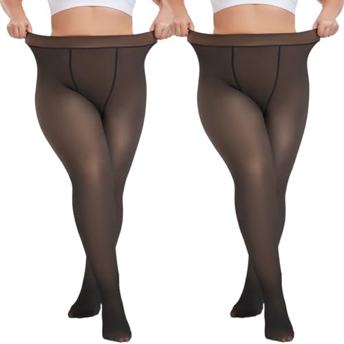 Sfit Thermo Strumpfhosen Damen Große Größen Winter Thermostrumpfhose Gefütterte Strumpfhose Warme Fleece Pantyhose Plus Size Gefälschte Durchsichtige 2pc: Schwarz + Schwarz,XXL,220G von Sfit