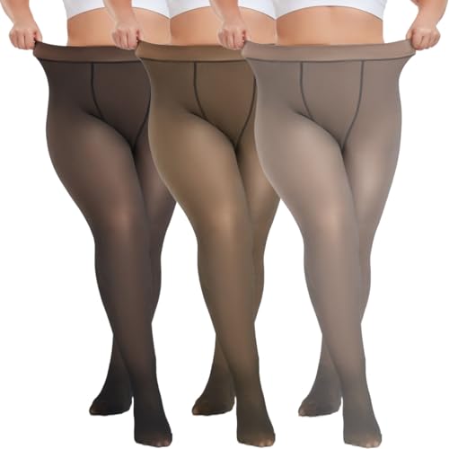 Sfit Thermo Strumpfhosen Damen Große Größen Winter Thermostrumpfhose Gefütterte Strumpfhose Warme Fleece Pantyhose Plus Size Gefälschte Durchsichtige 3pc: Grau + Schwarz + Kaffee,XXL,300G von Sfit