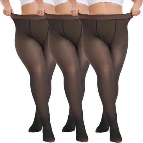 Sfit Thermo Strumpfhosen Damen Große Größen Winter Thermostrumpfhose Gefütterte Strumpfhose Warme Fleece Pantyhose Plus Size Gefälschte Durchsichtige 3pc: Schwarz + Schwarz + Schwarz,XXL,300G von Sfit