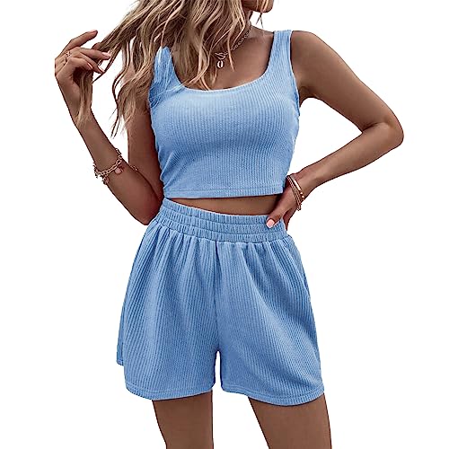 Sfit Zweiteiler Damen Sport Outfit Shorts und Top Sets 2 Teilig Sommer Anzug Spaghettiträger Bauchfrei Tops Camisole Crop Tank Tops Kurze Hose Kombi 2-Teiler Home Set Sommerkleidung,Blau,M von Sfit