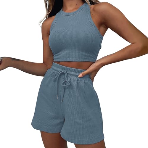 Sfit Zweiteiler Damen Sport Outfit Shorts und Top Sets 2 Teilig Sommer Anzug Spaghettiträger Bauchfrei Tops Camisole Crop Tank Tops Kurze Hose Kombi 2-Teiler Home Set Sommerkleidung,Hellblau,M von Sfit