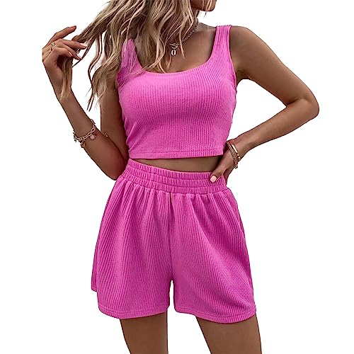 Sfit Zweiteiler Damen Sport Outfit Shorts und Top Sets 2 Teilig Sommer Anzug Spaghettiträger Bauchfrei Tops Camisole Crop Tank Tops Kurze Hose Kombi 2-Teiler Home Set Sommerkleidung,Rosa,M von Sfit