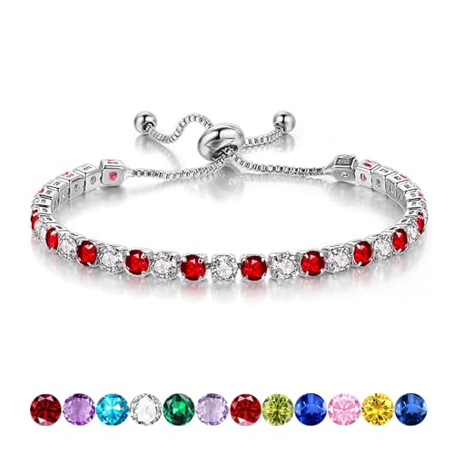 Sfoni Armband Damen Tennisarmband Sterling Silber 925 Plattiert Glitzer Tennis Armband mit Geburtsstein in 12 Farben Verstellbares Armband Geburtstag Weihnachten Geschenk für Frauen Mädchen von Sfoni