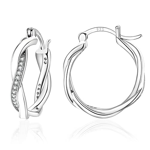 Sfoni Creolen Silber Damen Ohrringe Sterling Silber 925 Ohrringen mit AAA Zirkonia 15/20mm Twisted Creolen Kommt in Schmuck Geschenkbox von Sfoni