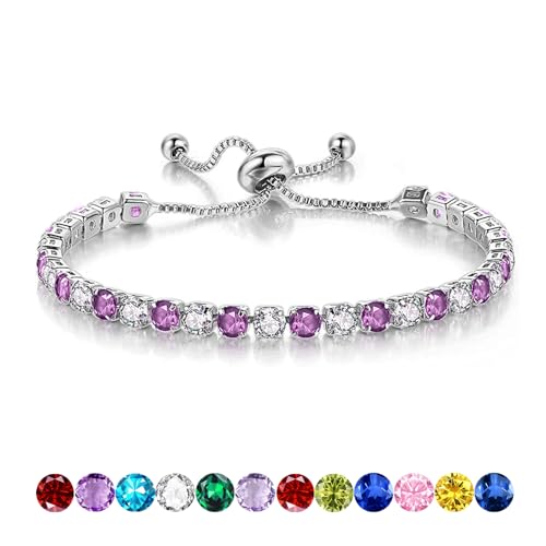 Sfoni Tennisarmband Damen Sterling Silber 925 Plattiert Glitzer Tennis Armband mit Geburtsstein in 12 Farben Verstellbares Armband Geburtstag Weihnachten Geschenk für Frauen Mädchen von Sfoni