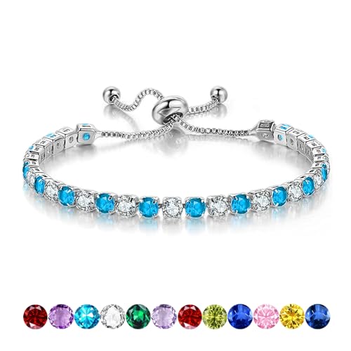 Sfoni Tennisarmband Damen Sterling Silber 925 Plattiert Glitzer Tennis Armband mit Geburtsstein in 12 Farben Verstellbares Armband Geburtstag Weihnachten Geschenk für Frauen Mädchen von Sfoni