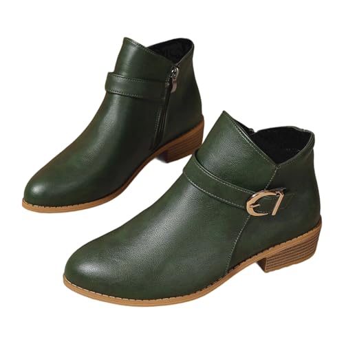 Sfwqoifou Ankle Boots Damen beige, Stiefeletten Damen Leder Plateau Kurze Boots mit Absatz Klassische Schlupfstiefel Stiefel Zipper Ankle Herbstschuhe Leicht Elegante Chelsea, Grün, 42 von Sfwqoifou
